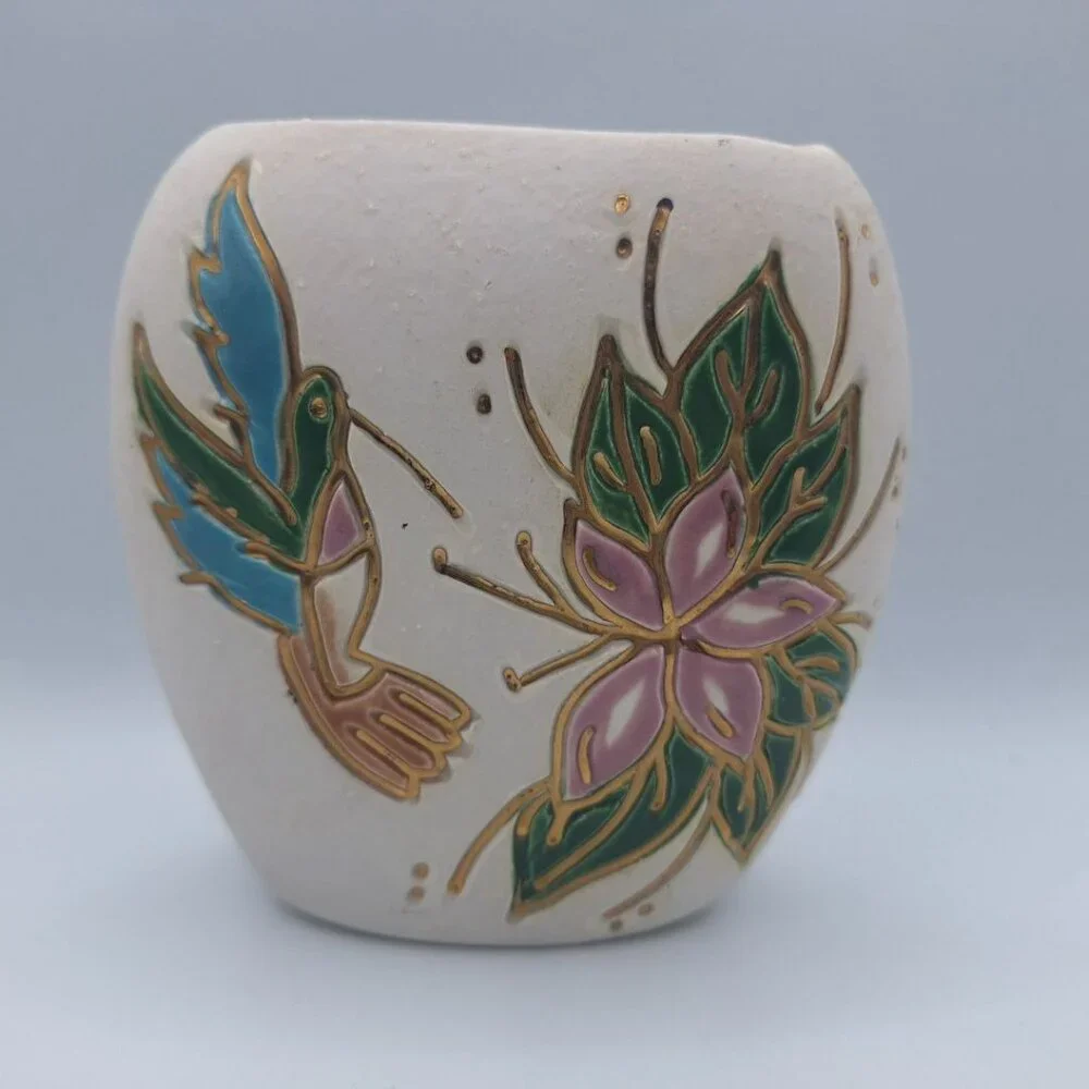 Hummingbird Pottery Vase Small Flower Gold‎ Glaze Signed Art Hummer USA Nix Fly